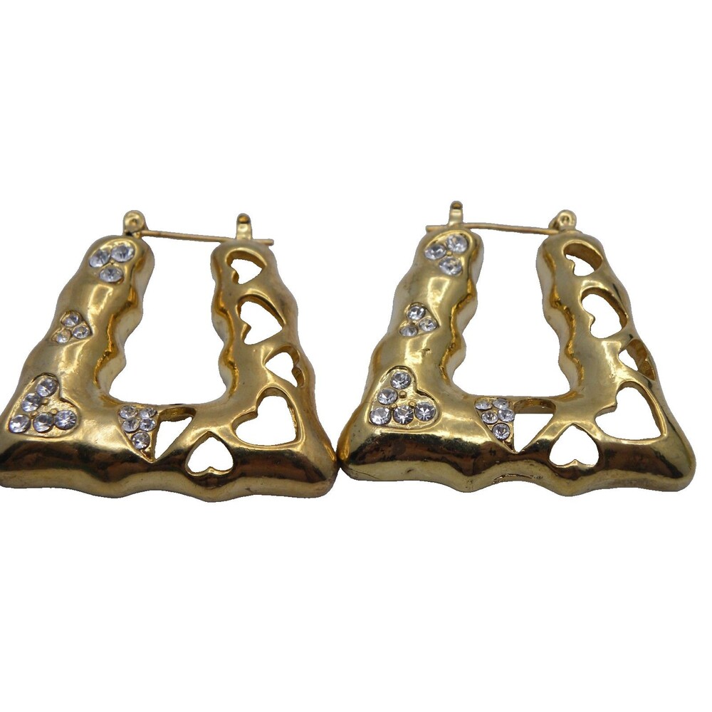 Vintage Gold Tone Drop Earrings Heart Rhinestone Openwork Cutout Pierced